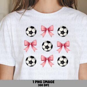 Soccer Balls, Gingham Bows Pattern PNG | Sublimation File | 300 DPI, Black, Star Accents, Grid Layout, Commercial Use