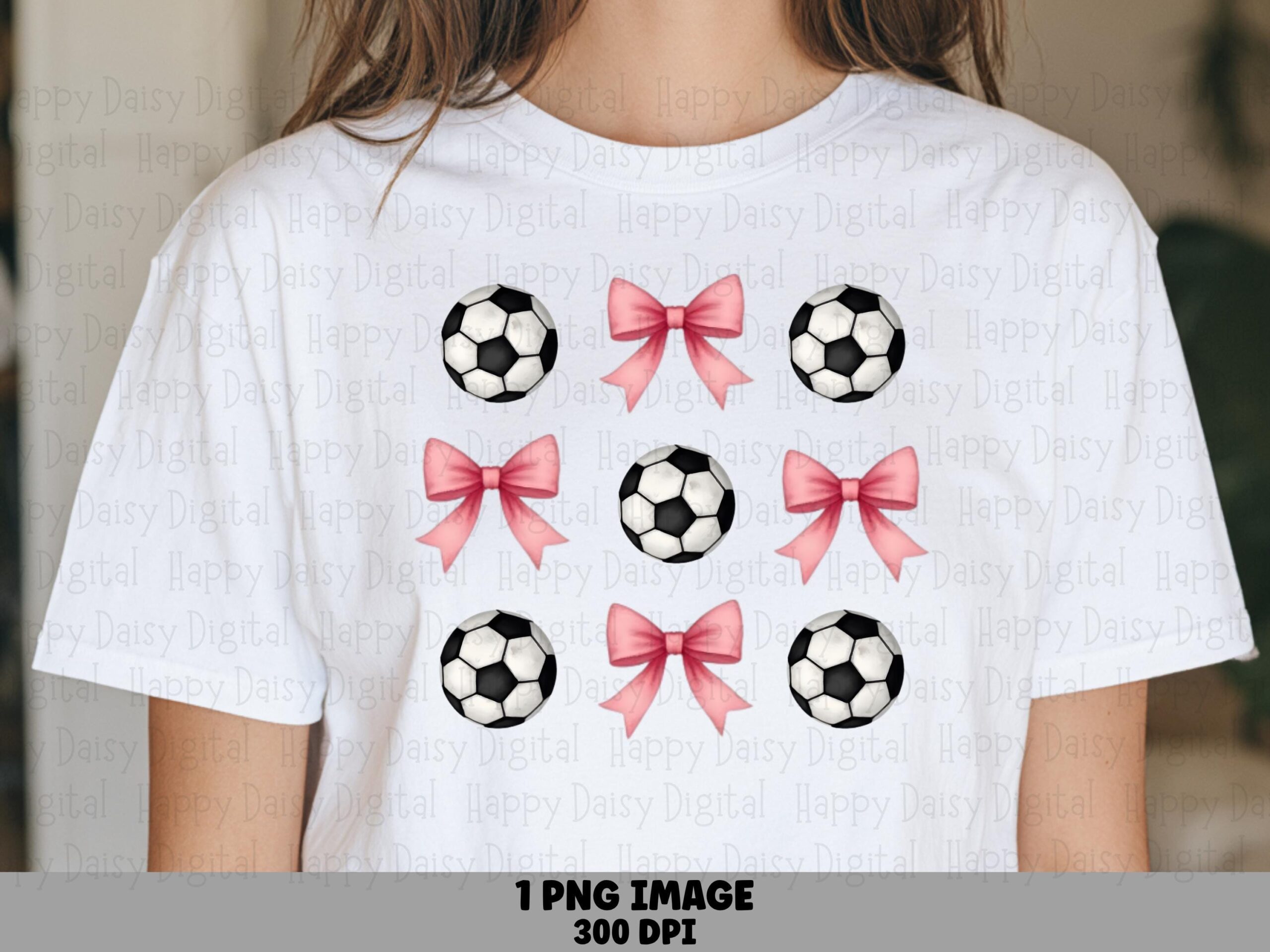 Soccer Balls, Gingham Bows Pattern PNG | Sublimation File | 300 DPI, Black, Star Accents, Grid Layout, Commercial Use