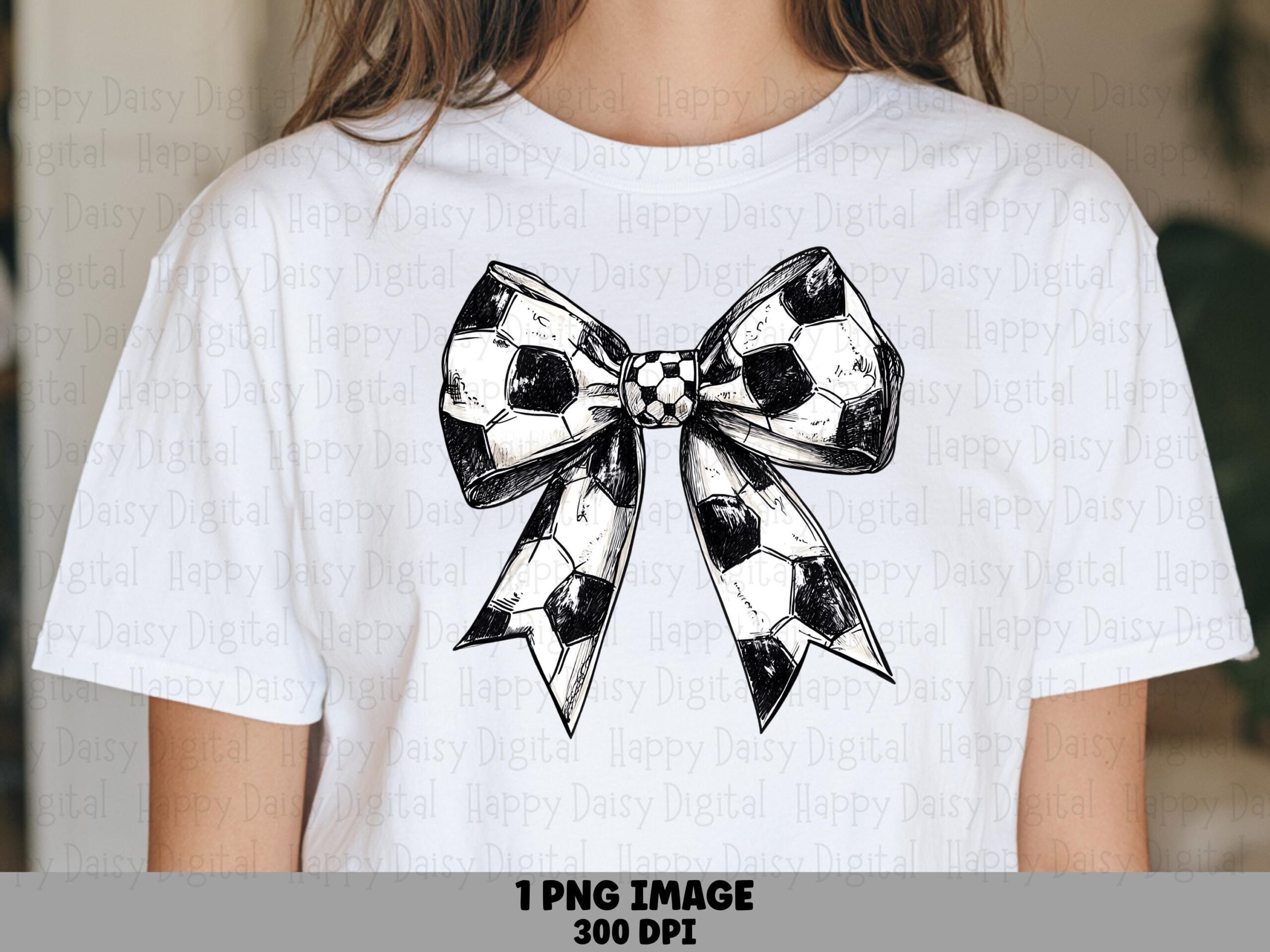 Soccer Bow PNG, Sketch Style Hair Clipart, Black White Panel Pattern - Sublimation, Commercial Use, POD, 300 DPI