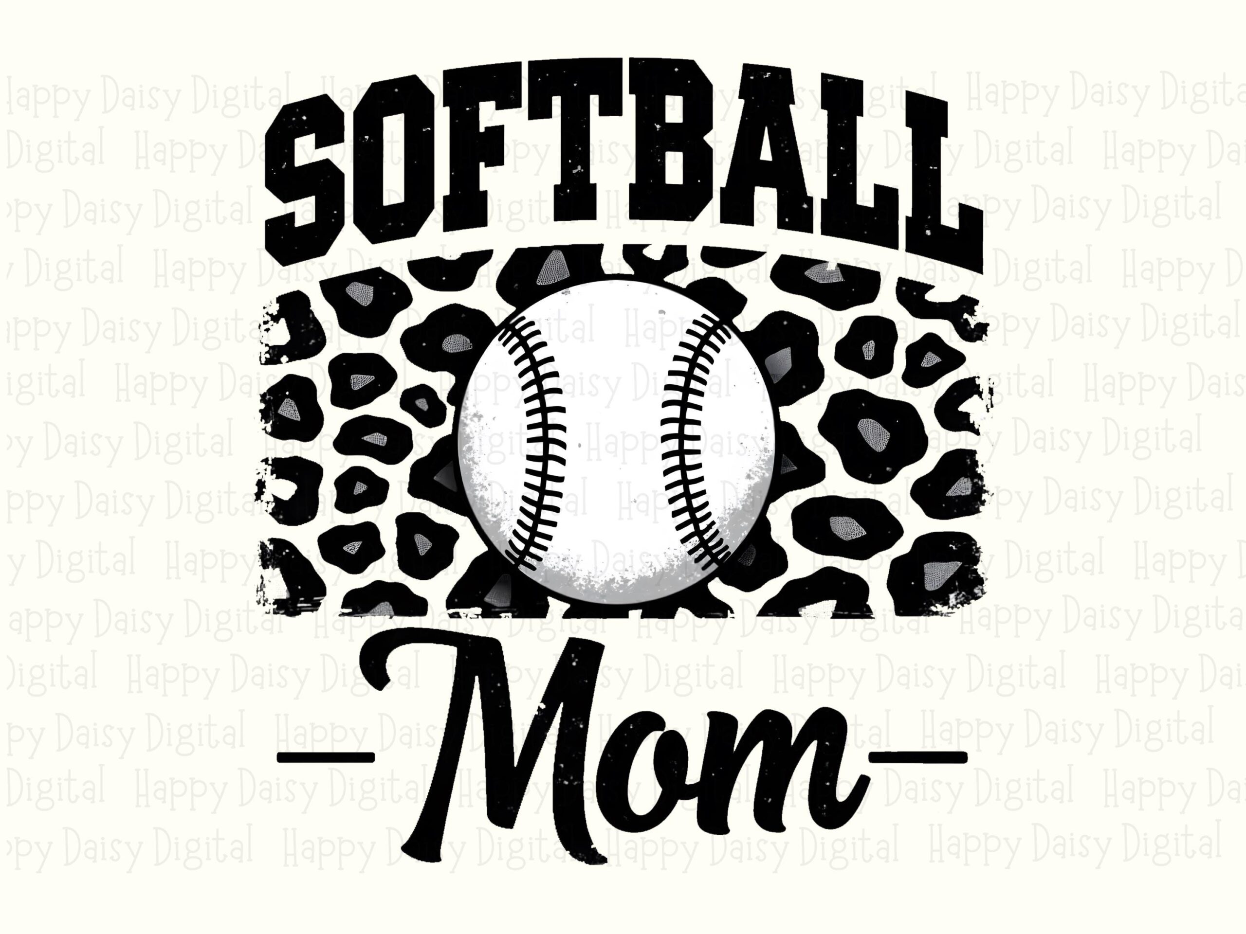 Softball Mom, Leopard Print PNG Design - Baseball Graphic, Distressed Text, Sublimation 300DPI | Commercial Use - Image 2