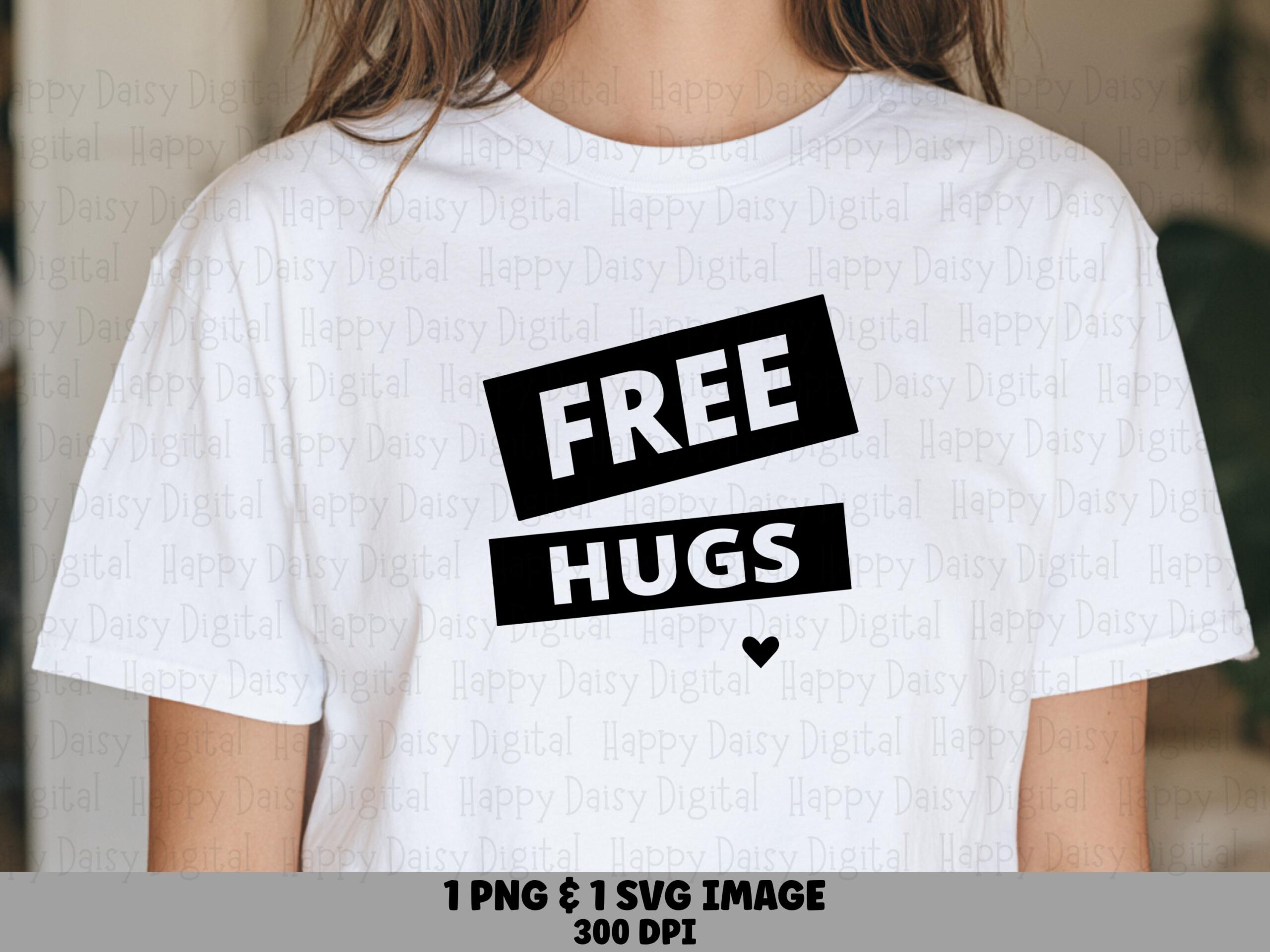 Free Hugs Heart, Simple Bold Quote PNG | Black Accent | Sublimation, Commercial Use, 300 DPI